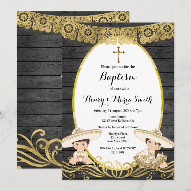 Invitation Baby Boy & Girl Twins Baptism Christening Gold (Devant / Derrière)