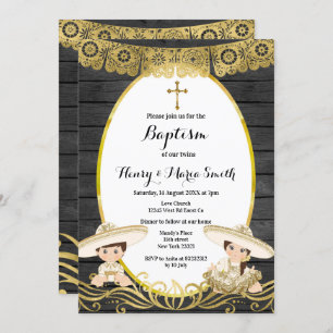 Invitation Baby Boy & Girl Twins Baptism Christening Gold