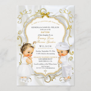 Invitation Baby Boy & Girl Twins Baptism Christening Gold