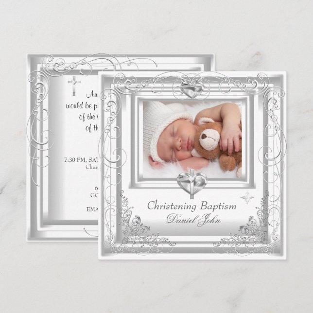 Invitation Baby Boy Girl White Christening Baptism Cross (Devant / Derrière)