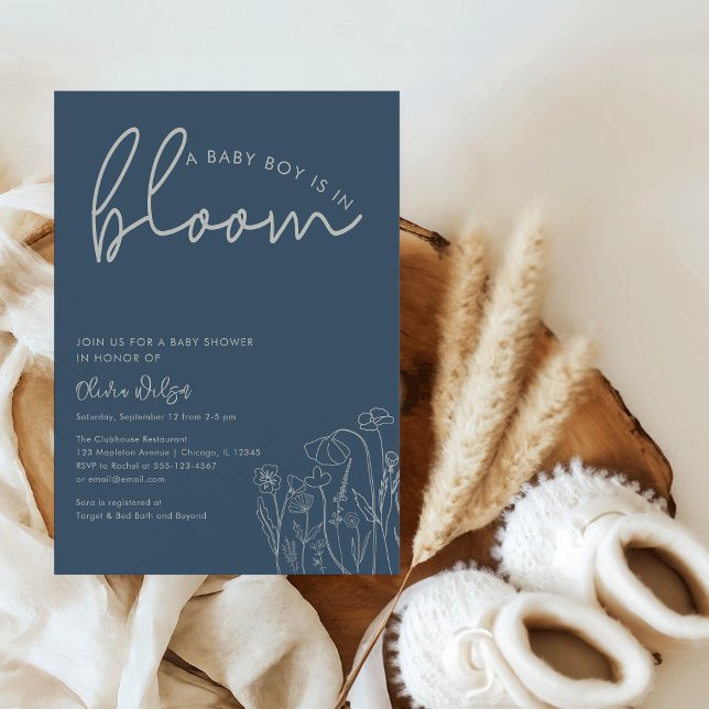 Invitation Baby Boy in Bloom Topaz Blue Fleur sauvage BabySho (A Baby Boy is in Bloom" Topaz Blue Wildflower Line Art Baby Shower Invitation)