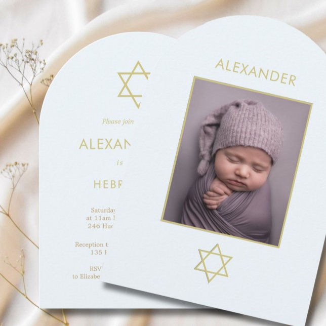 Invitation Baby Boy Juif Nom Photo Blue Gold Religieux (Créateur téléchargé)