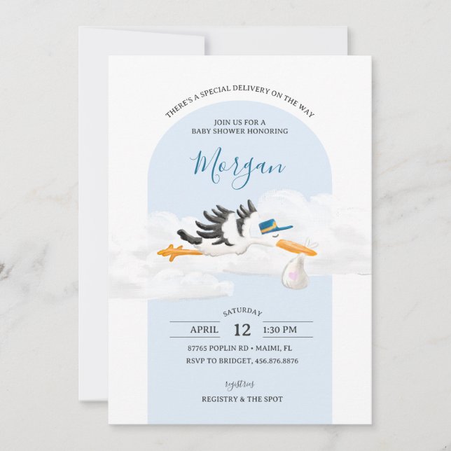 Invitation Baby Boy Livraison spéciale Baby shower de cigogne (Devant)