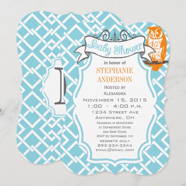 Invitation Baby Boy moderne Motif géométrique Chouette (Devant / Derrière)