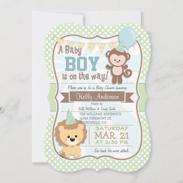 Invitation Baby Boy Monkey & Lion, Pastel Baby shower Invitat (Devant)