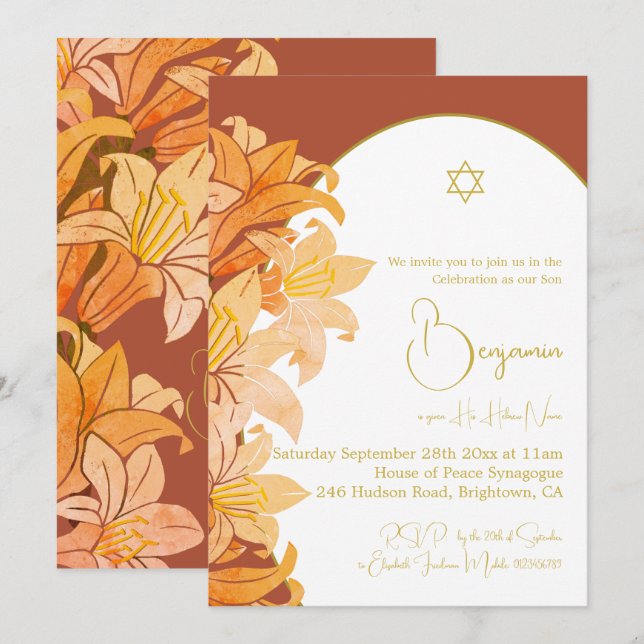 Invitation Baby Boy Naming Burnt Orange Jewish Hebrew (Devant / Derrière)