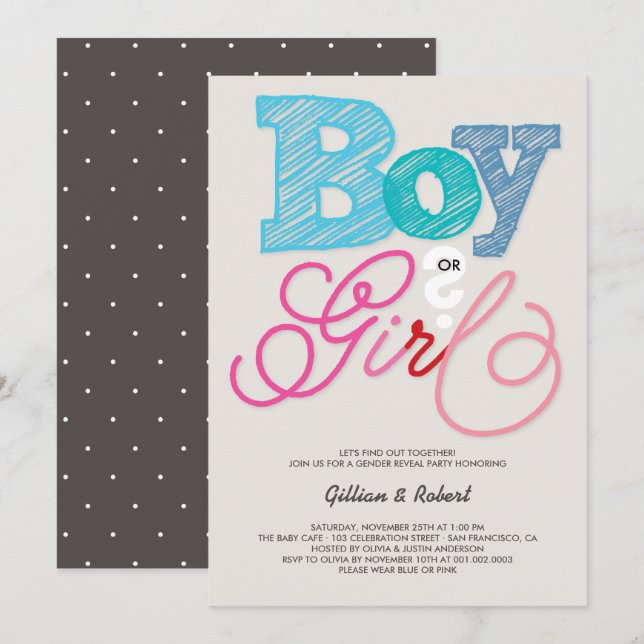 Invitation Baby Boy ou Girl Rose Bleu Sexe Reveal Party (Devant / Derrière)