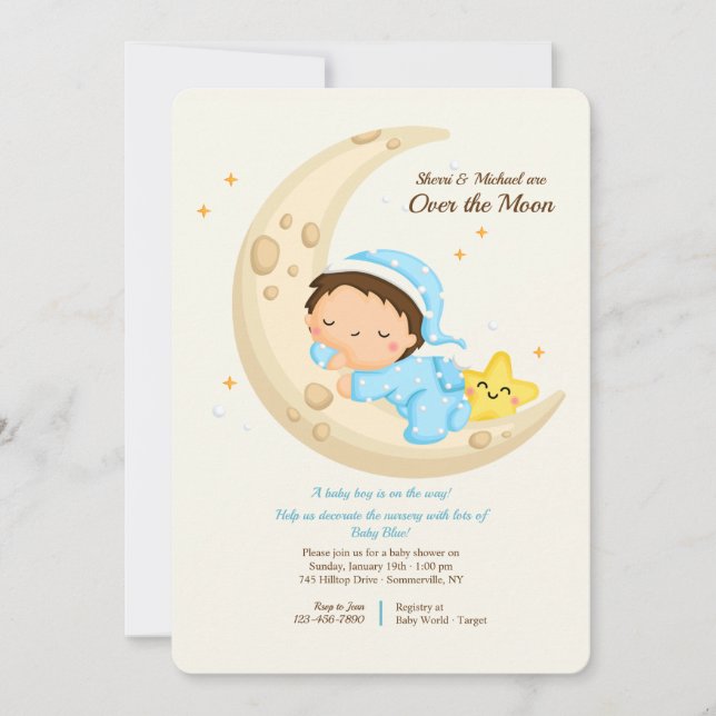 Invitation Baby Boy Over the Moon Baby shower (Devant)