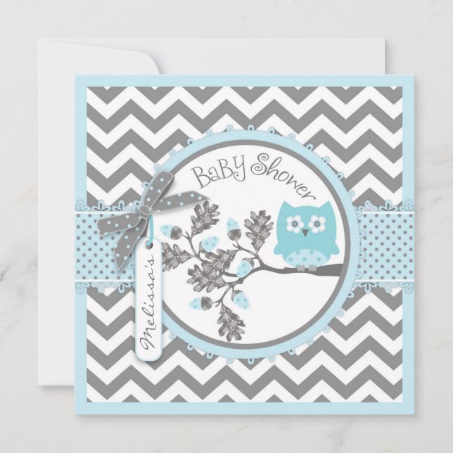 Invitation Baby Boy Owl Chevron Baby shower d'impression (Devant)