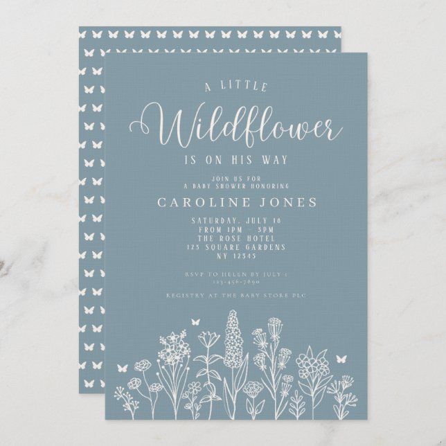 Invitation Baby Boy Petit Fleur sauvage Baby shower bleu (Devant / Derrière)
