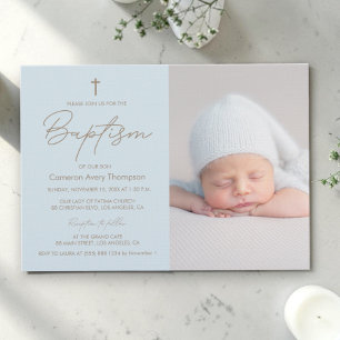 Invitation Baby Boy Photo Baptême Élégant Christening Moderne