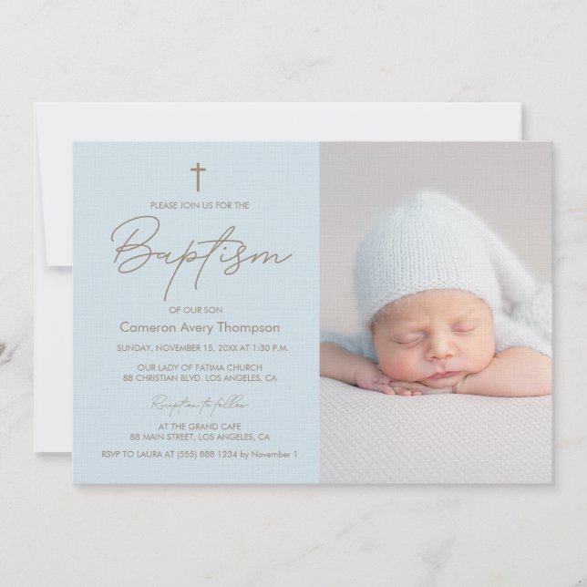 Invitation Baby Boy Photo Baptême Élégant Christening Moderne (Devant)