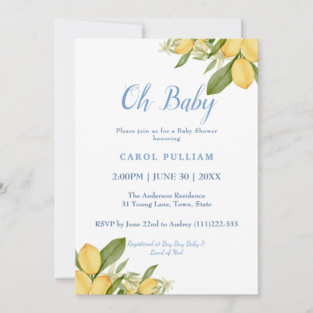 Invitation Baby Boy Positano Lemons Baby shower Motif bleu (Devant)