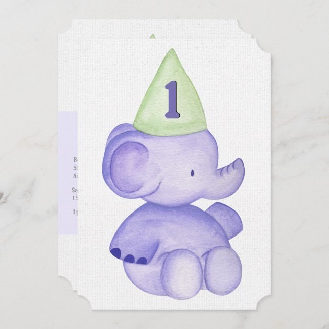 Invitation Baby Boy Purple Elephant 1er anniversaire Invitati (Devant / Derrière)