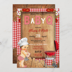 Invitation Baby Boy Red En vichy Wood Flowers Baby Q Barbecue