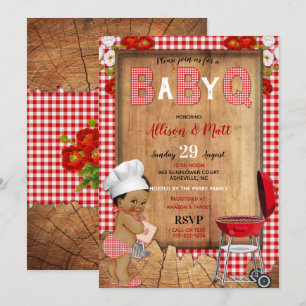 Invitation Baby Boy Red En vichy Wood Flowers Baby Q Barbecue