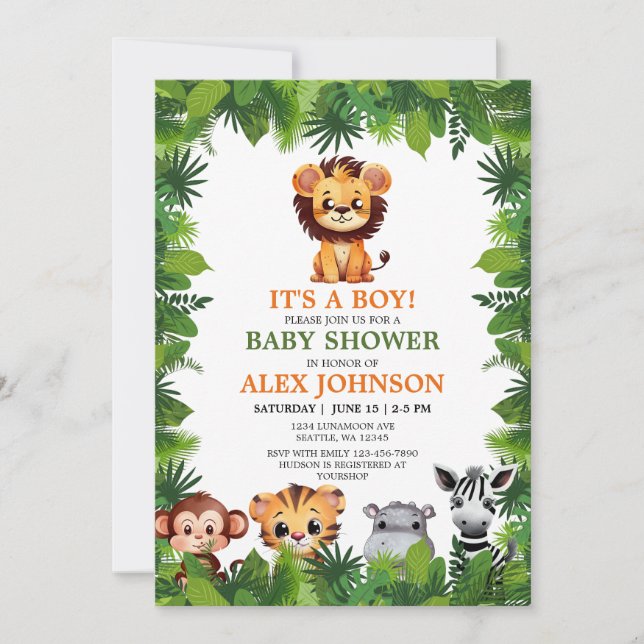 Invitation Baby Boy Safari Animaux Lion Cub Baby shower (Devant)