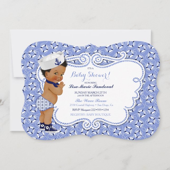 Invitation Baby Boy Sailor Thème nautique Bleu & Blanc (Devant)