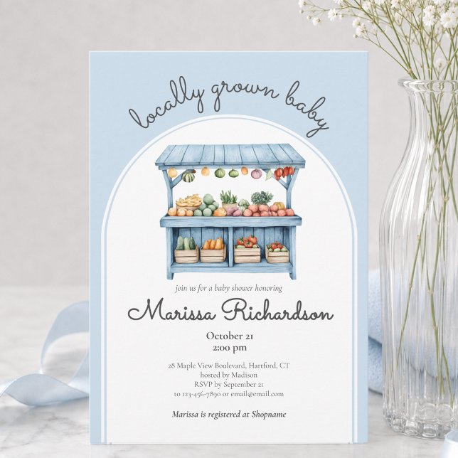 Invitation Baby-boy Shower Marché Fermier (elegant locally grown baby pastel blue farmers market baby boy shower invitation with custom details)
