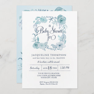 Invitation Baby Boy Shower Navy avec Aqua Blue Watercolor Flo