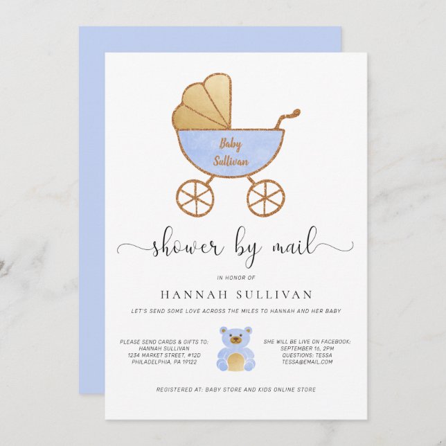 Invitation Baby Boy Shower par Mail Retro Carriage Blue Gold (Devant / Derrière)