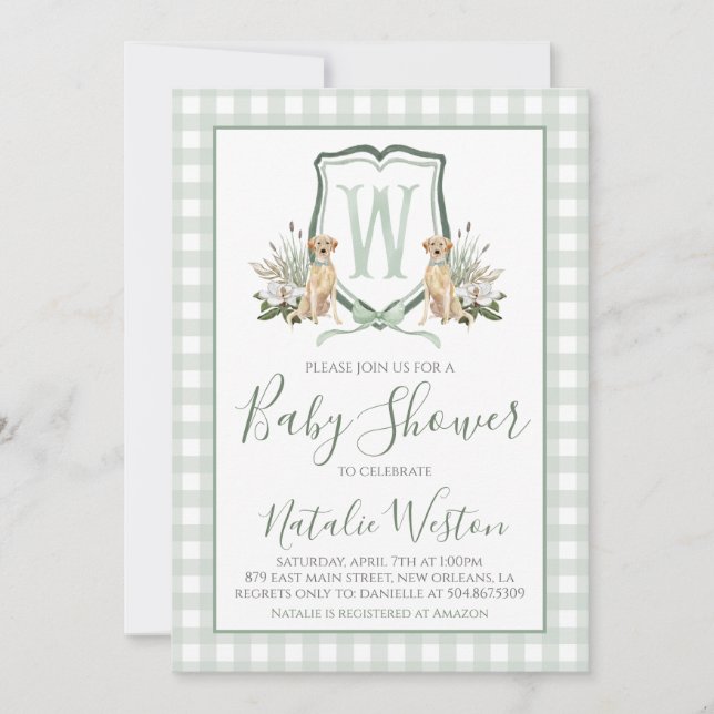 Invitation Baby Boy Shower Preppy Chien Southern Green En vic (Devant)