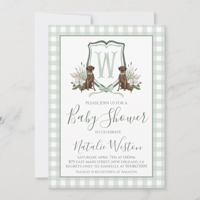 Invitation Baby Boy Shower Preppy Chien Southern Green En vic (Devant)