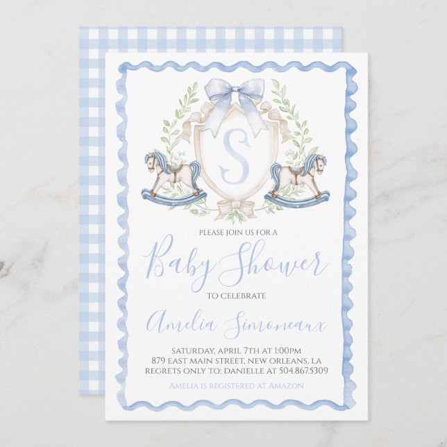 Invitation Baby Boy Shower Rocking Horse Preppy En vichy Blue (Devant / Derrière)