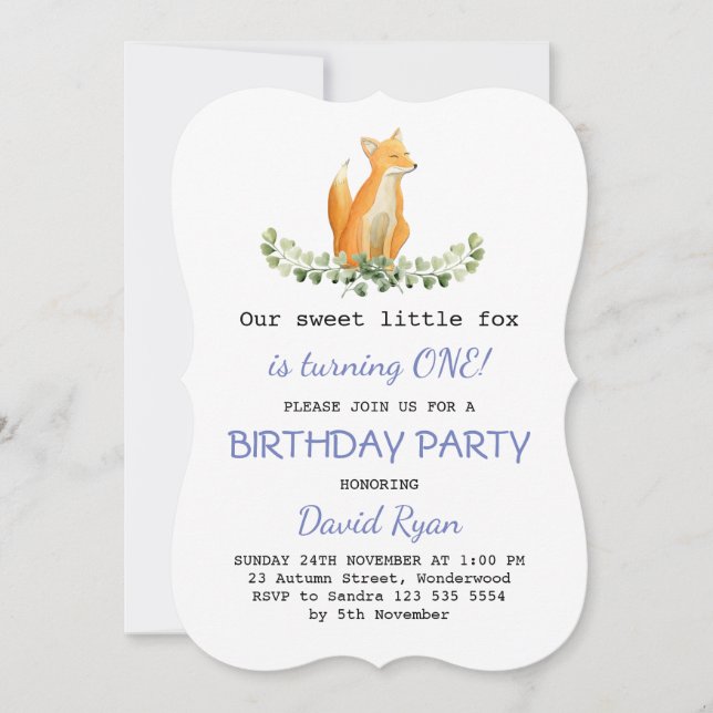 Invitation Baby Boy Sweet Fox Woodland fête d'anniversaire (Devant)
