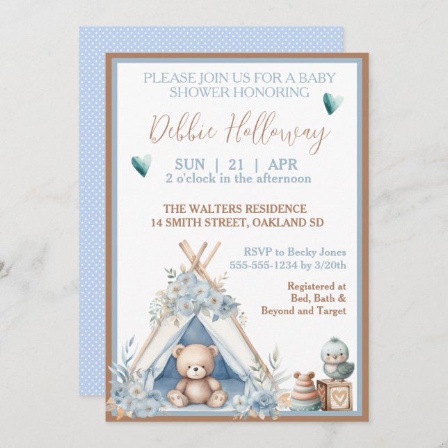 Invitation Baby Boy Teddy Bear dans le Baby shower Teepee (Devant / Derrière)
