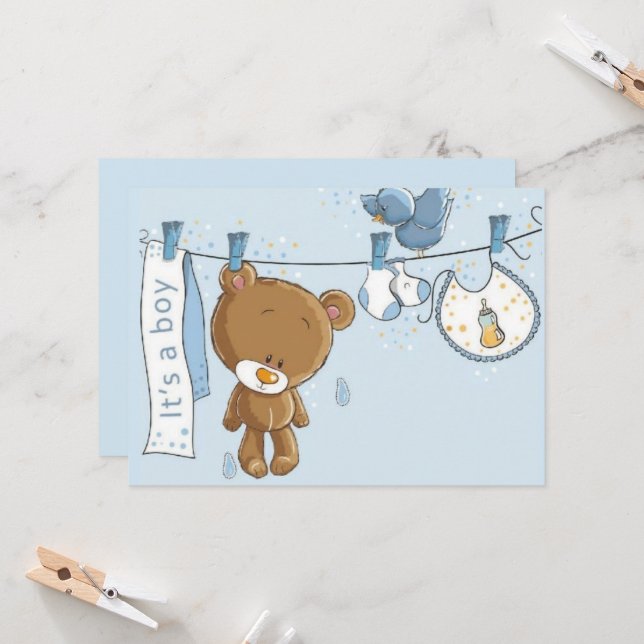 Invitation Baby Boy Teddy Ours Bébé Jeu d'oreiller (Devant/Arrière en situation)