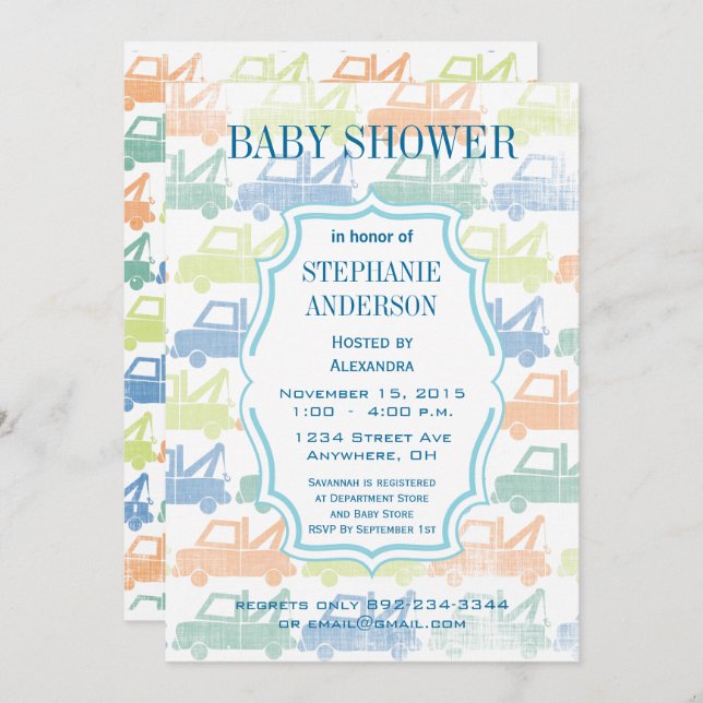 Invitation Baby Boy Tow Truck Douche (Devant / Derrière)