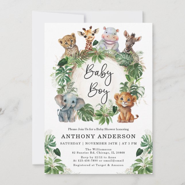 Invitation Baby Boy Tropical Jungle Safari Animaux Douche (Devant)