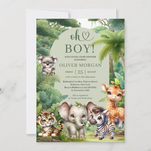 Invitation Baby Boy Tropical Jungle Safari Animaux Douche (Devant)