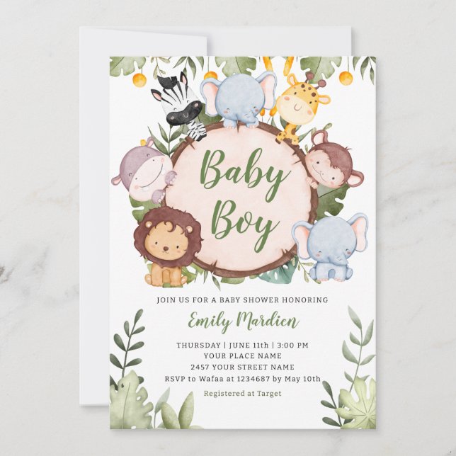 Invitation Baby Boy Tropical Jungle Safari Animaux Douche (Devant)