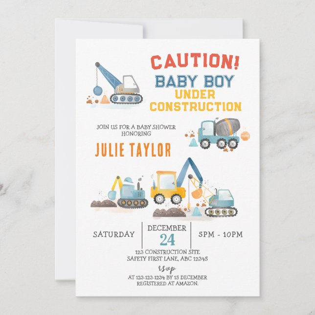 Invitation Baby Boy under Construction, Truck Boy Baby Shower (Devant)