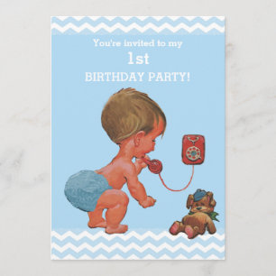 Invitation Baby Boy vintage sur téléphone Chevrons 1er annive