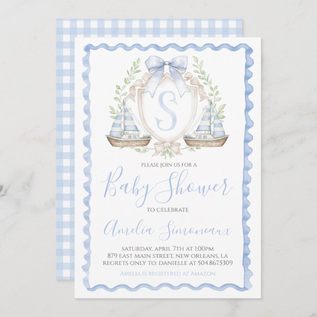 Invitation Baby Boy Voilier Douche Preppy Nautical Blue (Devant / Derrière)
