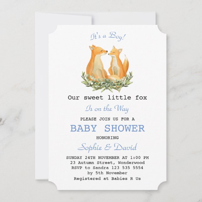 Invitation Baby Boy Watercolor Fox Woodland Baby shower (Devant)