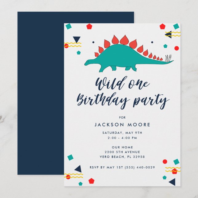 Invitation Baby Boy Wild One Dinosaur 1er anniversaire (Devant / Derrière)
