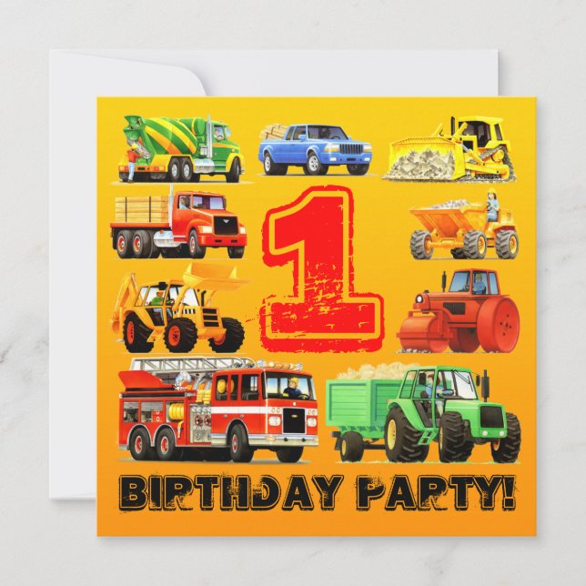 Invitation Baby Boy's 1er Birthday Construction Truck Party (Devant)