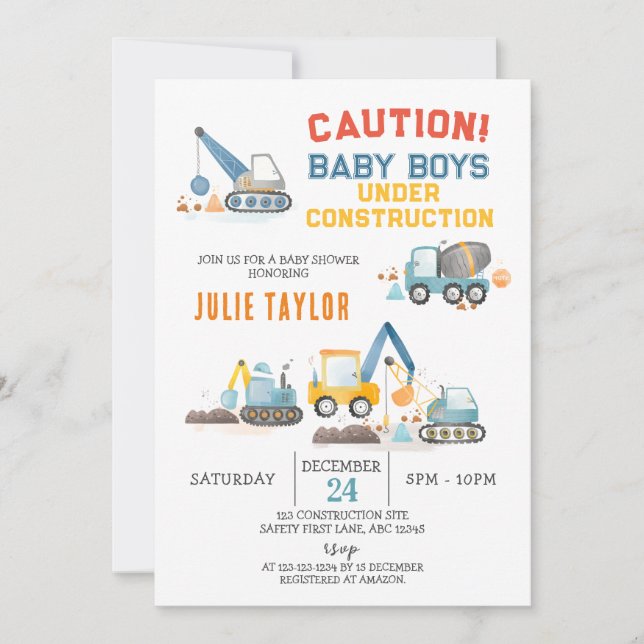 Invitation Baby Boys en construction, Baby shower Twins (Devant)