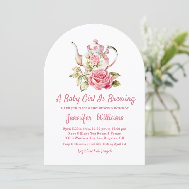 Invitation baby brasserie thé fête fille baby shower rose (Debout devant)