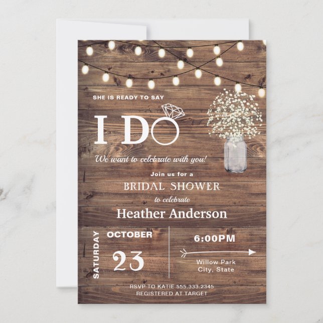 Invitation Baby Breath Rustique et Lumières de Fête de Fiança (Devant)