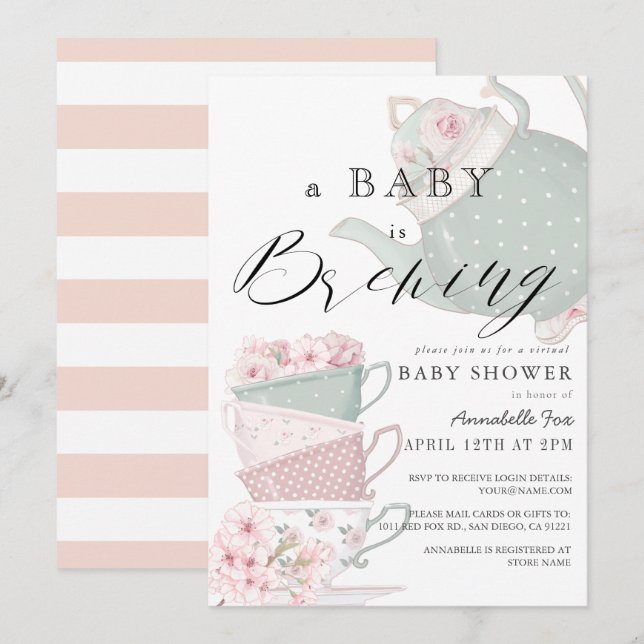 Invitation Baby Brewing Pink Tea Party Baby shower virtuel (Devant / Derrière)