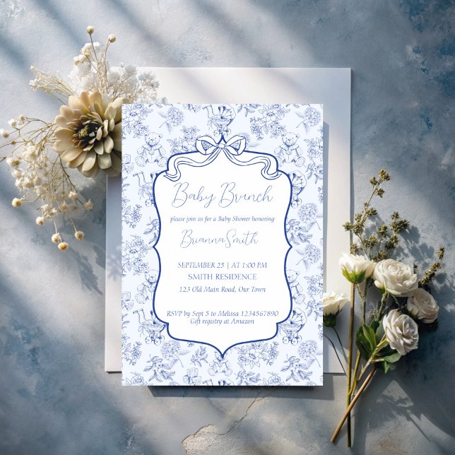 Invitation Baby brunch bleu toile de Jouy esquisse baby showe (Baby brunch blue toile de jouy vintage cute baby toys sketch baby shower invitation template)