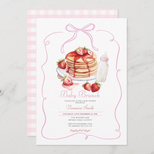 Invitation Baby Brunch Crêpes Fraise à Ruban Rose (Devant / Derrière)