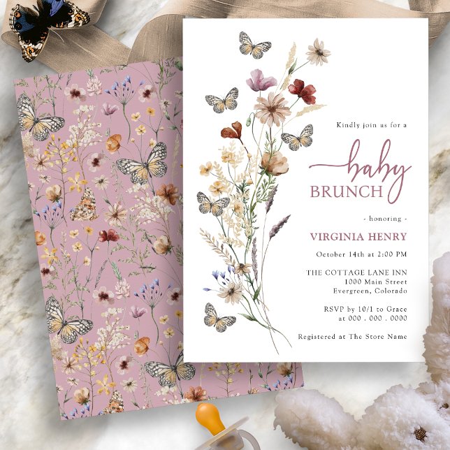 Invitation Baby Brunch Floral Boho Rose (Dusty Pink Boho Floral Baby Brunch Invitation with Butterflies by Painted Paperie
)