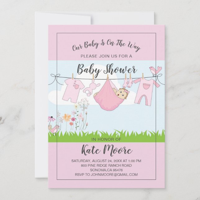 Invitation Baby Bundle Baby shower rose moderne Script (Devant)