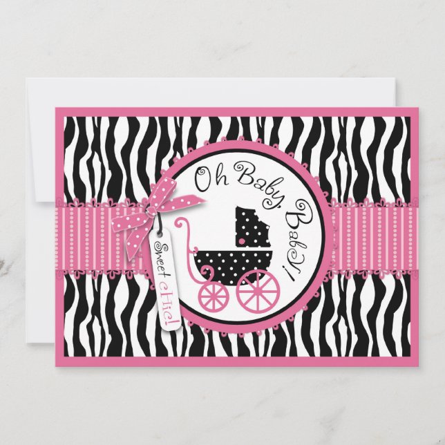 Invitation Baby Carriage, Zebra Print & Hot Pink Baby Shower (Devant)